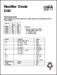 D40/16 datasheet: Rectifier diode. All purpose high power rectifier diodes, non-controllable and half controlled rectifiers. Vrrm = 1600V, Vrsm = 1700V. D40/16