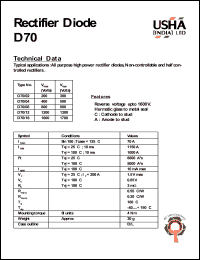 D70/04 datasheet: Rectifier diode. Vrrm = 400V, Vrsm = 500V. All purpose high power rectifier diodes. Non-controllable and half controlled rectifiers. D70/04