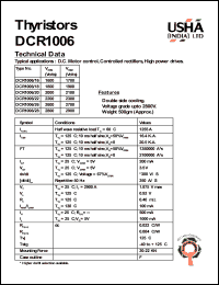 DCR1006/16 datasheet: Thyristor. Vrrm = 1600V, Vrsm = 1700V. D.C. motor control, controlled rectifiers, high power drives. DCR1006/16