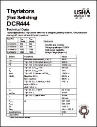 DCR444/10 datasheet: Thyristor(fast switching). Vrrm = 1000V, Vrsm = 1100V. High power inverters and choppers, railway traction, UPS, induction heating, AC motor drives and cycloconvertors. DCR444/10