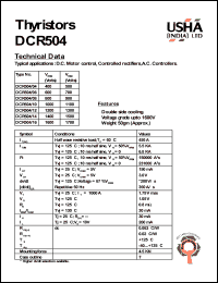 DCR504/06 datasheet: Thyristor. Vrrm = 600V, Vrsm = 700V. D.C. motor control, controlled rectifiers, A.C controllers. DCR504/06