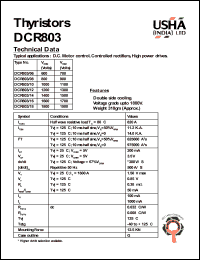 DCR803/16 datasheet: Thyristor. Vrrm = 1600V, Vrsm = 1700V. D.C. motor control, controlled rectifiers, high power drives. DCR803/16