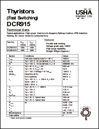 DCR915/12 datasheet: Thyristor(fast switching). Vrrm = 1200V, Vrsm = 1300V. High power invertors and choppers, railway traction, UPS, induction heating, AC motor drives and cyclconvertors. DCR915/12