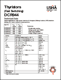 DCR944/32 datasheet: Thyristor(fast switching). Vrrm = 3200V, Vrsm = 3300V. High power invertors and choppers, railway traction, UPS, induction heating, AC motor drives and cyclconvertors. DCR944/32