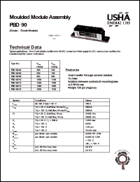 PBD90/12 datasheet: Moulded module assembly(diode-diode module). Vrrm = 1200V, Vrsm = 1300V. Non controllable rectifiers for AC/AC convertors, field supply for DC motors, line rectifiers for transistorized AC motor controllers. PBD90/12