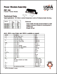 PBT250/04 datasheet: Moulded module assembly(thyristor/thyristor module). Vrrm = 400V, Vrsm = 500V. DC motor control, temperature control, professional light dimming. PBT250/04