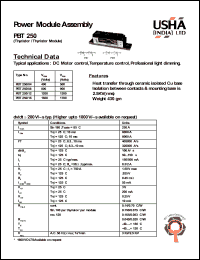 PBT250/16 datasheet: Moulded module assembly(thyristor/thyristor module). Vrrm = 1600V, Vrsm = 1700V. DC motor control, temperature control, professional light dimming. PBT250/16