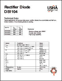 DS1104/20 datasheet: Rectifier diode. All purpose high power rectifier diodes, non-controllable and haft controlled rectifiers. Free-wheeling diodes & welding. Vrrm = 2000V, Vrsm = 2100V. DS1104/20
