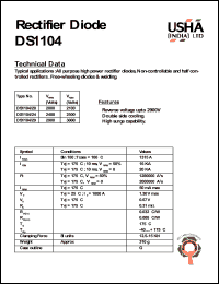 DS1104/29 datasheet: Rectifier diode. All purpose high power rectifier diodes, non-controllable and haft controlled rectifiers. Free-wheeling diodes & welding. Vrrm = 2900V, Vrsm = 3000V. DS1104/29