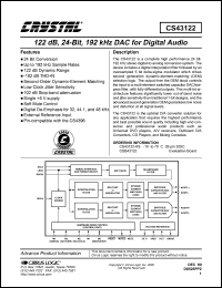 CDB43122 datasheet: 122dB, 24-bit, 192 kHz DAC for digital audio CDB43122