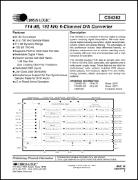 CS4362-BQ datasheet: 114dB, 192 kHz 6 channel D/A converter CS4362-BQ