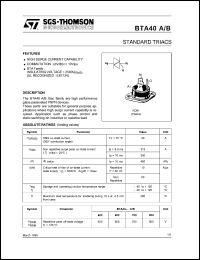 BTA40-700A datasheet: Standard triac, 40Ampere, 700V BTA40-700A