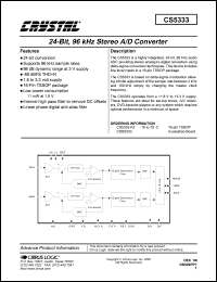CS5333-KZ datasheet: 24-bit, 96kHz stereo A/D converter CS5333-KZ