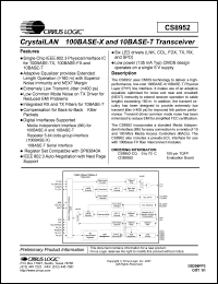 CS8952-CQ datasheet: Crystal LAN 100BASE-X and 10BASE-T transceiver CS8952-CQ