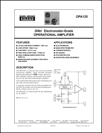OPA128SM datasheet: Operational amplifier for chromatograph, bias current +/-150 fA, photodetector and etc. OPA128SM