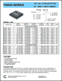 FDD25-03S1 datasheet: 20 W DC/DC converter,input voltage 9-18 V, output voltage 3.3 V, output current 6000 mA FDD25-03S1
