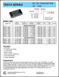TDD15-15D2 datasheet: 15 W DC/DC converter,input voltage 18-36 V, output voltage +/-15 V, output current +/-500 mA TDD15-15D2