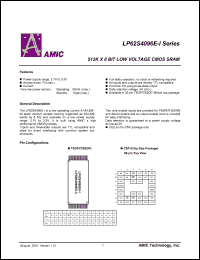 LP62S4096EV-70LLI datasheet: 70ns; operating current:30mA; standby current:10uA; 512K x 8bit low voltage CMOS SRAM LP62S4096EV-70LLI