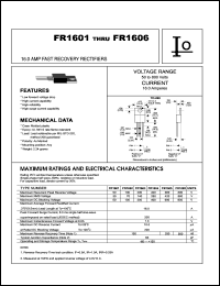 FR1601 datasheet: Fast recovery rectifier. Case molded plastic.  Maximum recurrent peak reverse voltage 50 V. Maximum average forward rectified current 16.0 A. FR1601