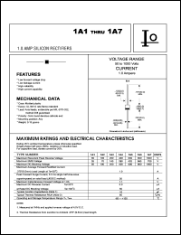 1A7 datasheet: Silicon rectifier. Case molded plastic.  Maximum recurrent peak reverse voltage 1000 V. Maximum average forward rectified current 1.0 A. 1A7