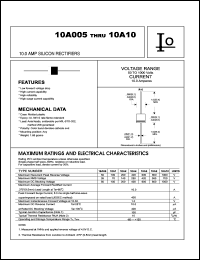 10A05 datasheet: Silicon rectifier. Case molded plastic.  Maximum recurrent peak reverse voltage 50 V. Maximum average forward rectified current 10.0 A. 10A05