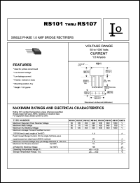 RS107 datasheet: Single phase bridge rectifier. Maximum recurrent peak reverse voltage 1000 V. Maximum average forward rectified current 1.0 A. RS107