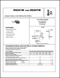 RS201M datasheet: Single phase bridge rectifier. Maximum recurrent peak reverse voltage 50 V. Maximum average forward rectified current 2.0 A. RS201M