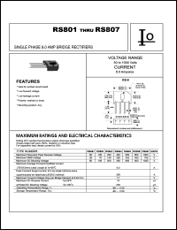 RS801 datasheet: Single phase bridge rectifier. Maximum recurrent peak reverse voltage 50 V. Maximum average forward rectified current 8.0 A. RS801