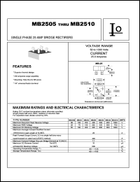 MB2510 datasheet: Single phase bridge rectifier. Maximum recurrent peak reverse voltage 1000 V. Maximum average forward rectified current 25 A. MB2510