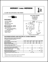 HER801 datasheet: High efficiency rectifier. Case positive. Maximum recurrent peak reverse voltage 50 V. Maximum average forward rectified current 8.0 A. HER801
