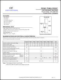 FR301 datasheet: Fast recovery rectifier. Maximum recurrent peak reverse voltage 50 V. Maximum average forward rectified current 3.0 A. FR301