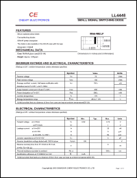 LL4448 datasheet: Small signal switching diode. Reverse voltage 75 V. Average rectified current 150 mA. LL4448