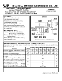 D15SB10 datasheet: Single phase glass passivated SIP bridge rectifier. Max repetitive peak reverse voltage 100 V. Max average forward rectified current 15 A. D15SB10