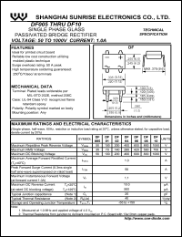 DF10 datasheet: Single phase glass passivated bridge rectifier. Max repetitive peak reverse voltage 1000 V. Max average forward rectified current 1.0 A. DF10