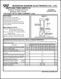 KBPC1005 datasheet: Single phase silicon bridge rectifier. Max repetitive peak reverse voltage 50 V. Max average forward rectified current 3.0 A. KBPC1005