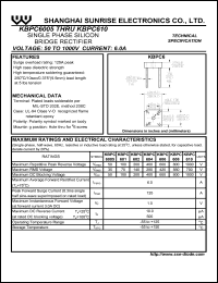 KBPC6005 datasheet: Single phase silicon bridge rectifier. Max repetitive peak reverse voltage 50 V. Max average forward rectified current 6.0 A. KBPC6005