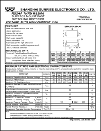 RS2MA datasheet: Surface mount fast switching rectifier. Max repetitive peak reverse voltage 1000 V. Max average forward current 2.0 A. RS2MA