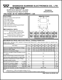 S1A datasheet: Surface mount glass passivated rectifier. Max repetitive peak reverse voltage 50 V. Max average forward rectified current 1.0 A. S1A