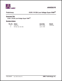 A64S9316G-70 datasheet: 70ns; 35mA 512K x 16bit low voltage super RAM A64S9316G-70