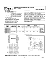 BS616LV2011DC datasheet: 70/100ns 2.4-5.5V ultra low power/voltage CMOS SRAM 128K x 16bit BS616LV2011DC