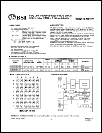 BS616LV2021DC datasheet: 70/100ns 20-40mA 2.4-5.5V ultra low power/voltage CMOS SRAM 128K x 16 or 256K x 8bit switchable BS616LV2021DC