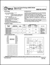 BS616LV4010EI datasheet: 70/100ns 20mA 2.7-3.6V ultra low power/voltage CMOS SRAM 256K x 16bit BS616LV4010EI