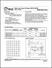 BS616UV1610BI datasheet: 70/100ns 25mA 1.8-2.3V ultra low power/voltage CMOS SRAM 1M x 16bit BS616UV1610BI