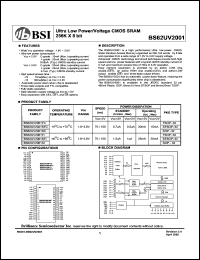 BS62UV2001SI datasheet: 70/100ns 15-20mA 1.8-3.6V ultra low power/voltage CMOS SRAM 256K x 8bit BS62UV2001SI