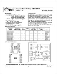 BS62LV1024JI datasheet: 70ns 20-35mA 2.4-5.5V very low power/voltage CMOS SRAM 128K x 8bit BS62LV1024JI