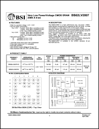BS62LV2007HC datasheet: 70/100ns 20-35mA very low power/voltage CMOS SRAM 256K x 8bit BS62LV2007HC