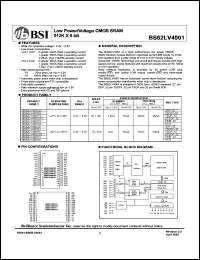 BS62LV4001DI datasheet: 70/100ns 20-45mA 2.4-5.5V low power/voltage CMOS SRAM 512K x 8bit BS62LV4001DI