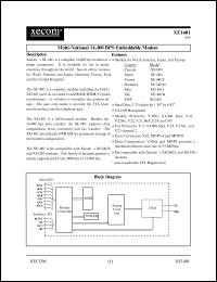 XE1401 datasheet: Multi-national 14,400 BPS embeddable modem. Canada, Japan, USA. XE1401