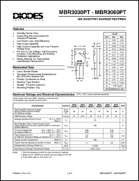 MBR3030PT datasheet: 30V; 30A schottky barrier rectifier. For use in low voltage, high frequency inverters, free wheeling and polarity protection application MBR3030PT