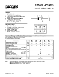 PR3001 datasheet: 50V; 3.0A fast recovery rectifier; fast switching for high efficiency PR3001